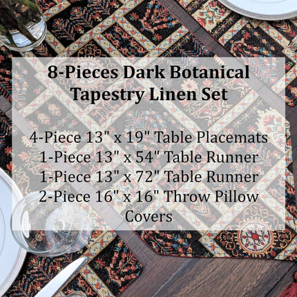 DaDa Bedding Set of 8 Pieces Dark Botanical Mughal Floral Table Woven Black Tapestry - 4 Placemats, 2 Table Runners, 2 Throw Pillow Covers (18197)