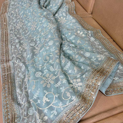 Designer Georgette Chikankari Saree with Sequin  Work