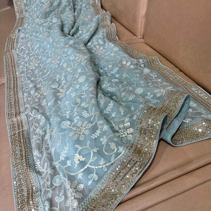 Designer Georgette Chikankari Saree with Sequin  Work