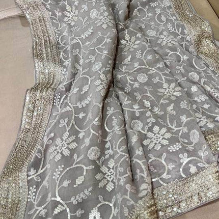 Designer Georgette Chikankari Saree with Sequin  Work