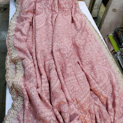 Designer Georgette Chikankari Saree with Sequin  Work