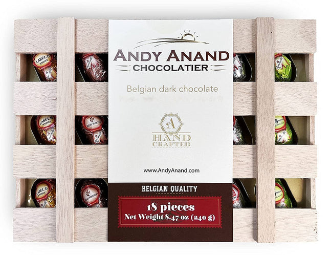 Andy Anand Vegan European Liqueur Dark Chocolate Bottles – Non-Alcoholic Cordials Assortment, Premium 60% Chocolate (Cocoa Butter) Gift Box, 18 Count