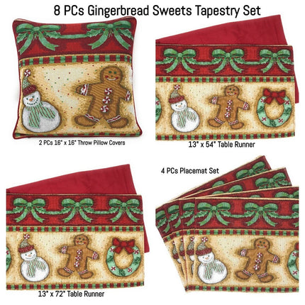 DaDa Bedding Set of 8 Pieces Gingerbread Sweets Holiday Table Tapestry - 4 Placemats, 2 Table Runners, 2 Throw Pillow Covers (12917)
