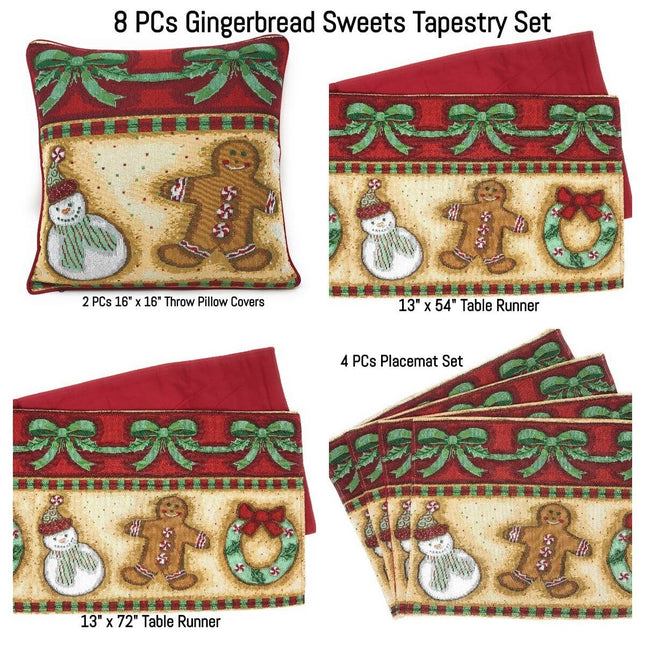 DaDa Bedding Set of 8 Pieces Gingerbread Sweets Holiday Table Tapestry - 4 Placemats, 2 Table Runners, 2 Throw Pillow Covers (12917)