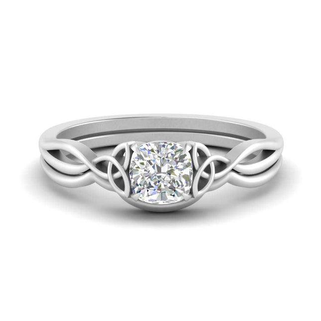 Cushion Cut Infinity Celtic Solitaire Wedding Set