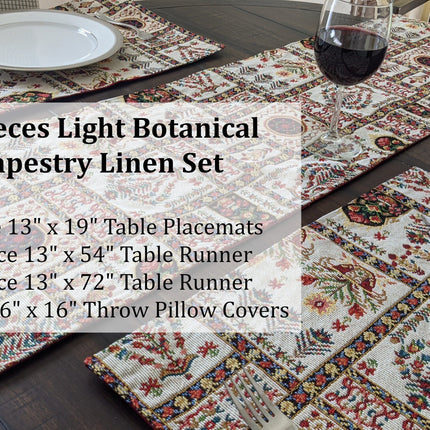 DaDa Bedding Set of 8 Pieces Light Botanical Mughal Floral Table Woven Tapestry - 4 Placemats, 2 Table Runners, 2 Throw Pillow Covers (18196)