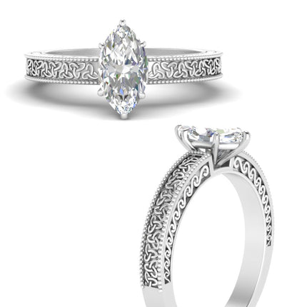 Marquise Cut Celtic Engraved Solitaire Engagement Ring