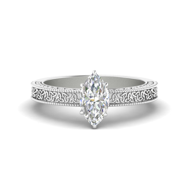 Marquise Cut Celtic Engraved Solitaire Engagement Ring