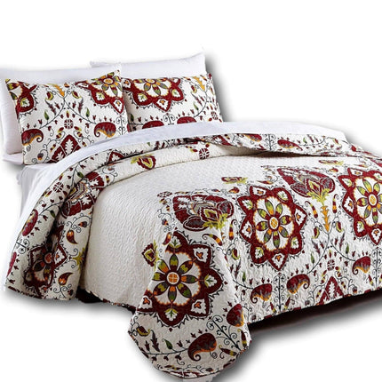 DaDa Bedding Casablanca Garden Mediterranean Floral Red & White Quilted Bedspread Set (HS-11130)
