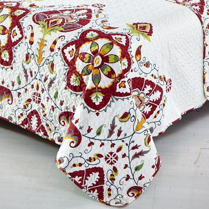 DaDa Bedding Casablanca Garden Mediterranean Floral Red & White Quilted Bedspread Set (HS-11130)