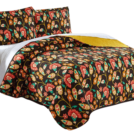 DaDa Bedding Marigold’s Floral Brown Yellow Botanical Garden Quilted Bedspread Set (HS-3330)