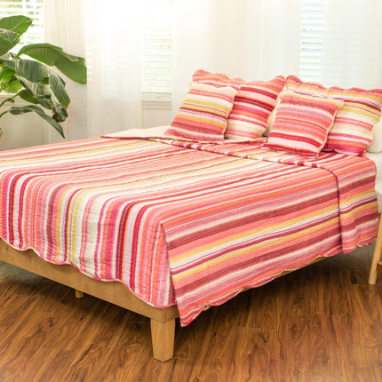 DaDa Bedding Multi-Red Pink Boho Summer Stripes Scalloped Lightweight Coverlet Bedspread Set (DXJ101824)
