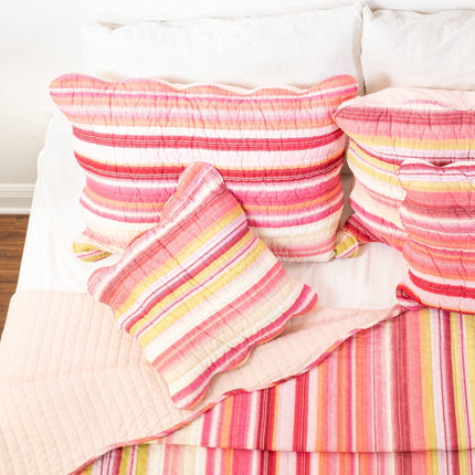 DaDa Bedding Multi-Red Pink Boho Summer Stripes Scalloped Lightweight Coverlet Bedspread Set (DXJ101824)