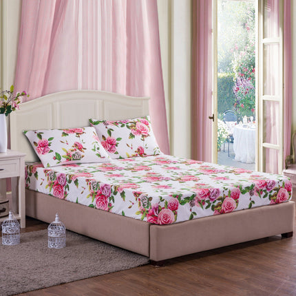 DaDa Bedding Romantic Roses Lovely Spring Pink Floral Fitted Bed Sheet w/ Pillow Cases (JHW879-Fitted)