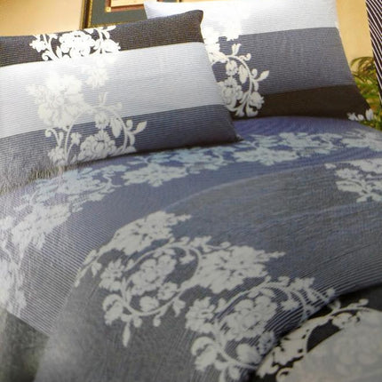 DaDa Bedding Navy Blue Floral Striped Fitted + Flat Sheets & Pillow Cases Set (FSFS8153)