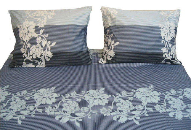 DaDa Bedding Navy Blue Floral Striped Fitted + Flat Sheets & Pillow Cases Set (FSFS8153)