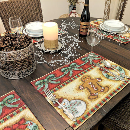 DaDa Bedding Set of 8 Pieces Gingerbread Sweets Holiday Table Tapestry - 4 Placemats, 2 Table Runners, 2 Throw Pillow Covers (12917)