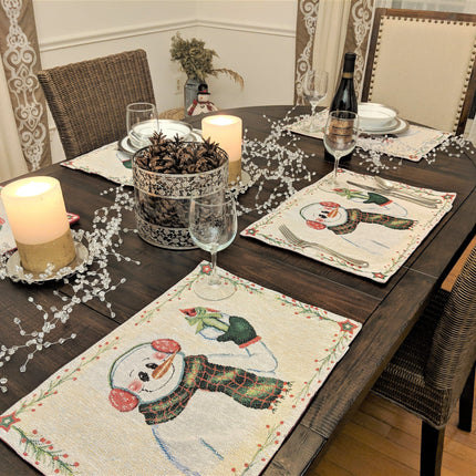 DaDa Bedding Set of 8 Pieces Magical Snowman Holiday Table Tapestry - 4 Placemats, 2 Table Runners, 2 Throw Pillow Covers (9733)