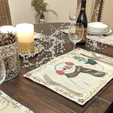 DaDa Bedding Set of 8 Pieces Magical Snowman Holiday Table Tapestry - 4 Placemats, 2 Table Runners, 2 Throw Pillow Covers (9733)