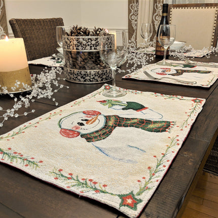DaDa Bedding Set of 8 Pieces Magical Snowman Holiday Table Tapestry - 4 Placemats, 2 Table Runners, 2 Throw Pillow Covers (9733)
