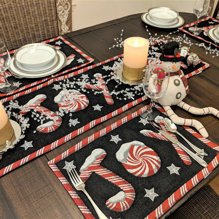 DaDa Bedding Set of 8 Pieces Peppermint Joy Holiday Table Tapestry - 4 Placemats, 2 Table Runners, 2 Throw Pillow Covers (12904)