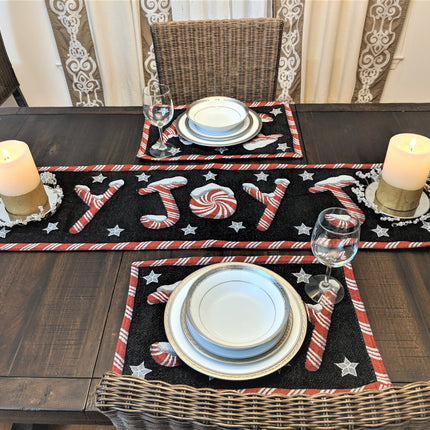 DaDa Bedding Set of 8 Pieces Peppermint Joy Holiday Table Tapestry - 4 Placemats, 2 Table Runners, 2 Throw Pillow Covers (12904)