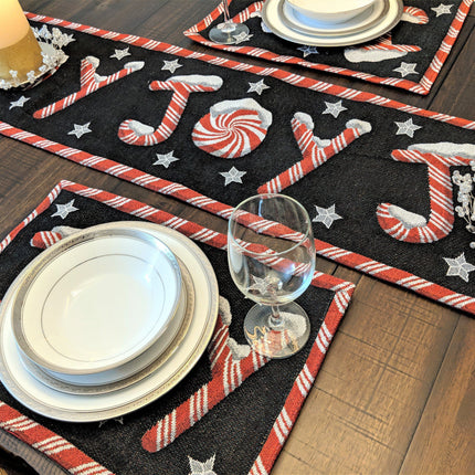 DaDa Bedding Set of 8 Pieces Peppermint Joy Holiday Table Tapestry - 4 Placemats, 2 Table Runners, 2 Throw Pillow Covers (12904)