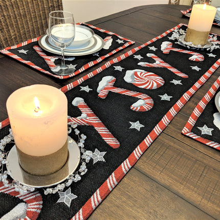 DaDa Bedding Set of 8 Pieces Peppermint Joy Holiday Table Tapestry - 4 Placemats, 2 Table Runners, 2 Throw Pillow Covers (12904)