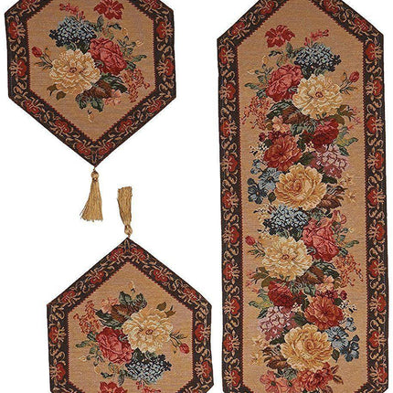 DaDa Bedding Set of 3-Pieces - Breath of Spring Floral Beige Woven Dining Tapestry Table Runners (3089)