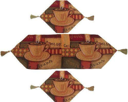 DaDa Bedding Set of 3-Pieces - Smell of Coffee Café Cup Orange Brown Woven Tapestry Dining Table Runners (9912)
